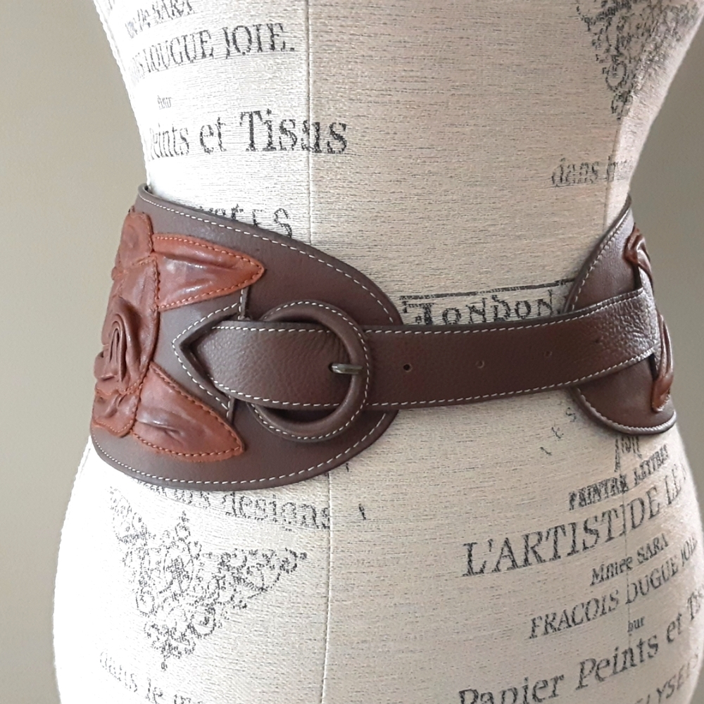 Anthropologie Brown Floral Leather Waist Belt